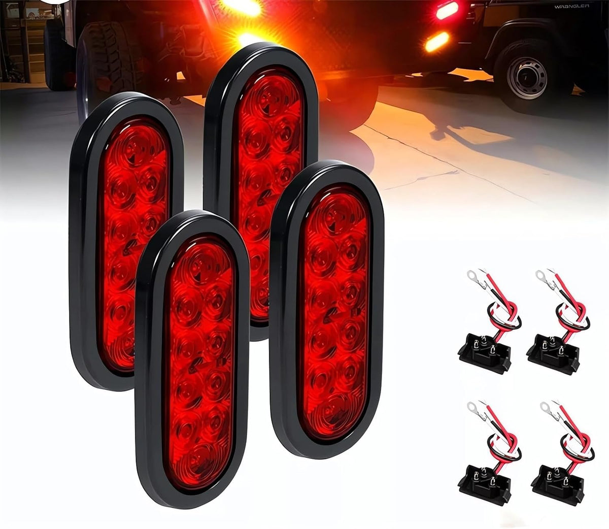 4Pcs Trailer Truck LED Sealed RED 6" Oval Stop/Turn/Tail Lights Flush Mount Waterproof Including 3-Pin Watertight Plug with Wires and Grommets Sealed image 1
