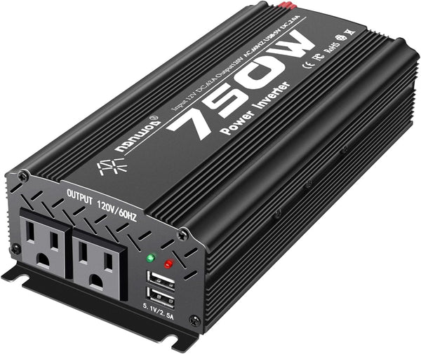 12V Inverter 750W Inverter 12V to 110V or Cars Trucks Semi Trucks Various Vehicles with 2 AC Power Outlets 2USB Ports