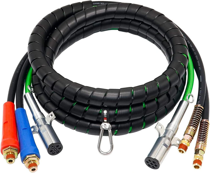 15FT Semi Truck Air Lines Kit 3 in 1 Trailer Cord and Air Brake Hoses Assembly, 7 Way ABS Electric Power Line Air Hoses Kit for Semi Truck Trailer Tractor