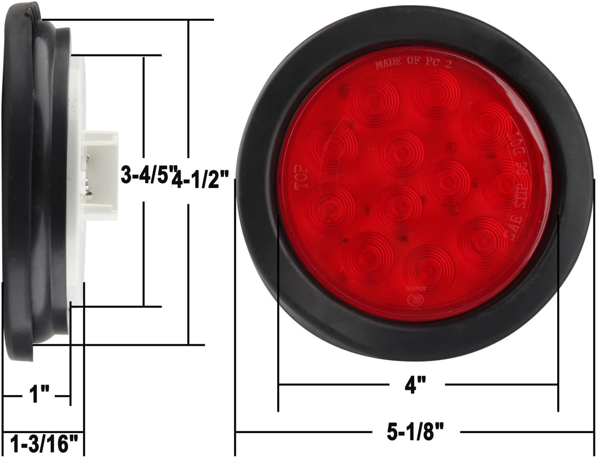 10Pcs 4 Inch round Led Trailer Tail Lights Red 12 LED Waterproof 4" round LED Stop Turn Tail Brake Light Marker Trailer Truck RV Lights Sealed Grommet Flush Mount W/3 Prong Wire Pigtails image 4