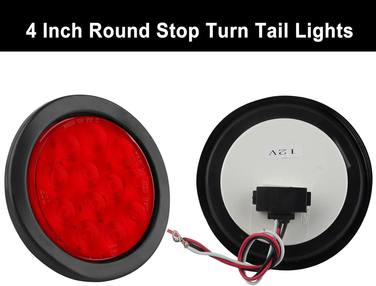 10Pcs 4 Inch round Led Trailer Tail Lights Red 12 LED Waterproof 4" round LED Stop Turn Tail Brake Light Marker Trailer Truck RV Lights Sealed Grommet Flush Mount W/3 Prong Wire Pigtails image 2