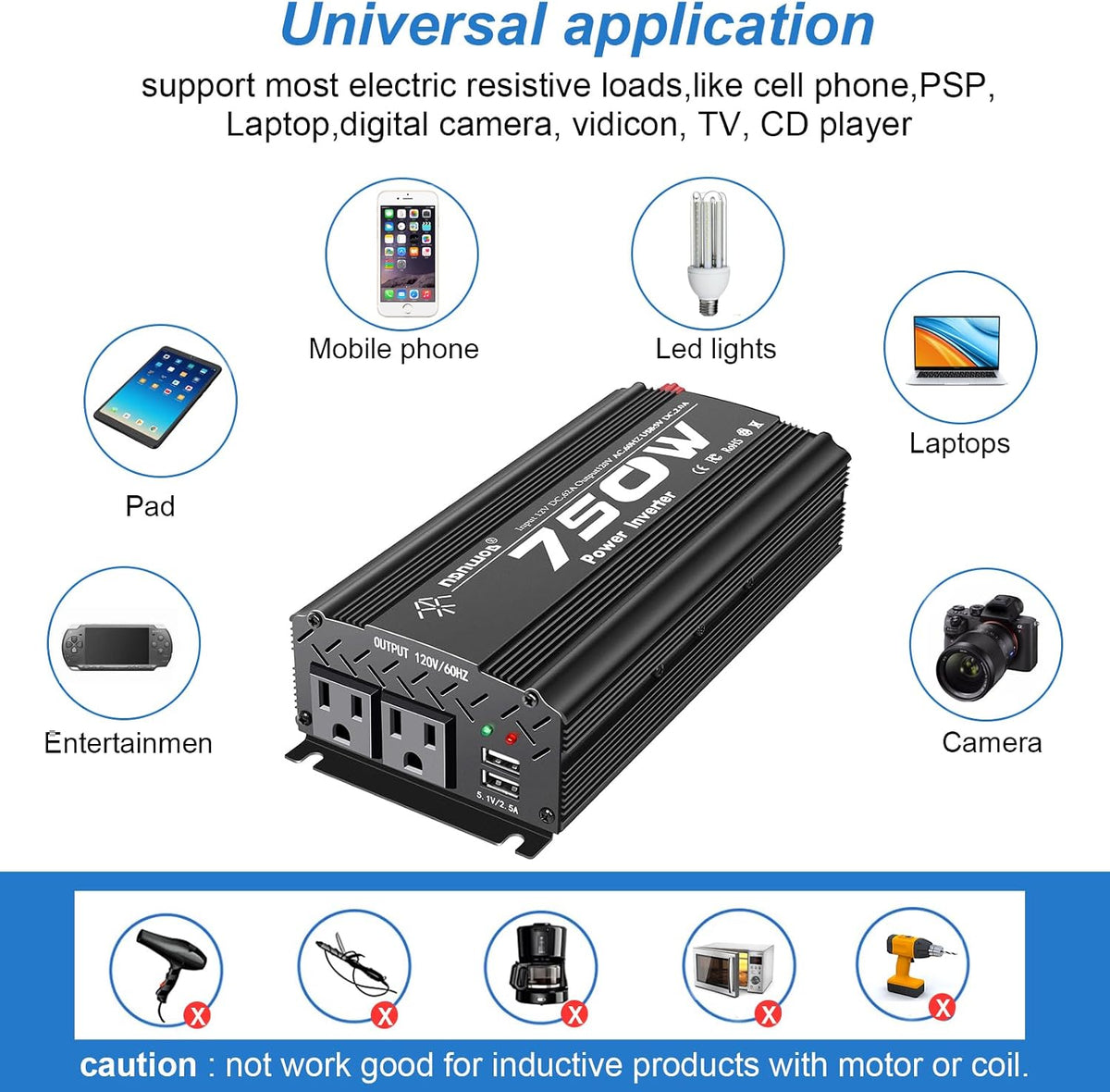 12V Inverter 750W Inverter 12V to 110V or Cars Trucks Semi Trucks Various Vehicles with 2 AC Power Outlets 2USB Ports image 6