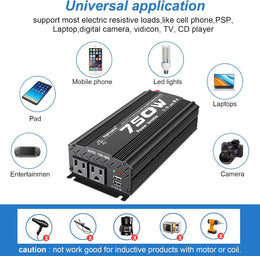 12V Inverter 750W Inverter 12V to 110V or Cars Trucks Semi Trucks Various Vehicles with 2 AC Power Outlets 2USB Ports thumbnail 6