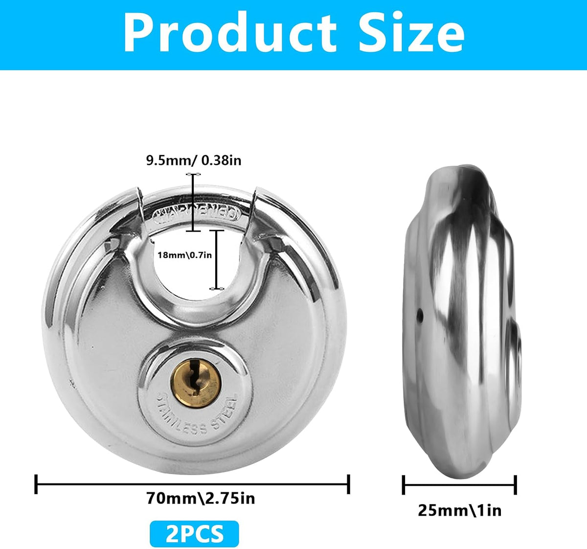 Disc Lock for Storage Unit, 2-3/4" Keyed Padlocks,Stainless Steel Discus Lock Heavy Duty, Waterproof Rustproof round Locks with Keys for Storage Unit Outdoor Shedstorage Locker Locks with Keys image 2