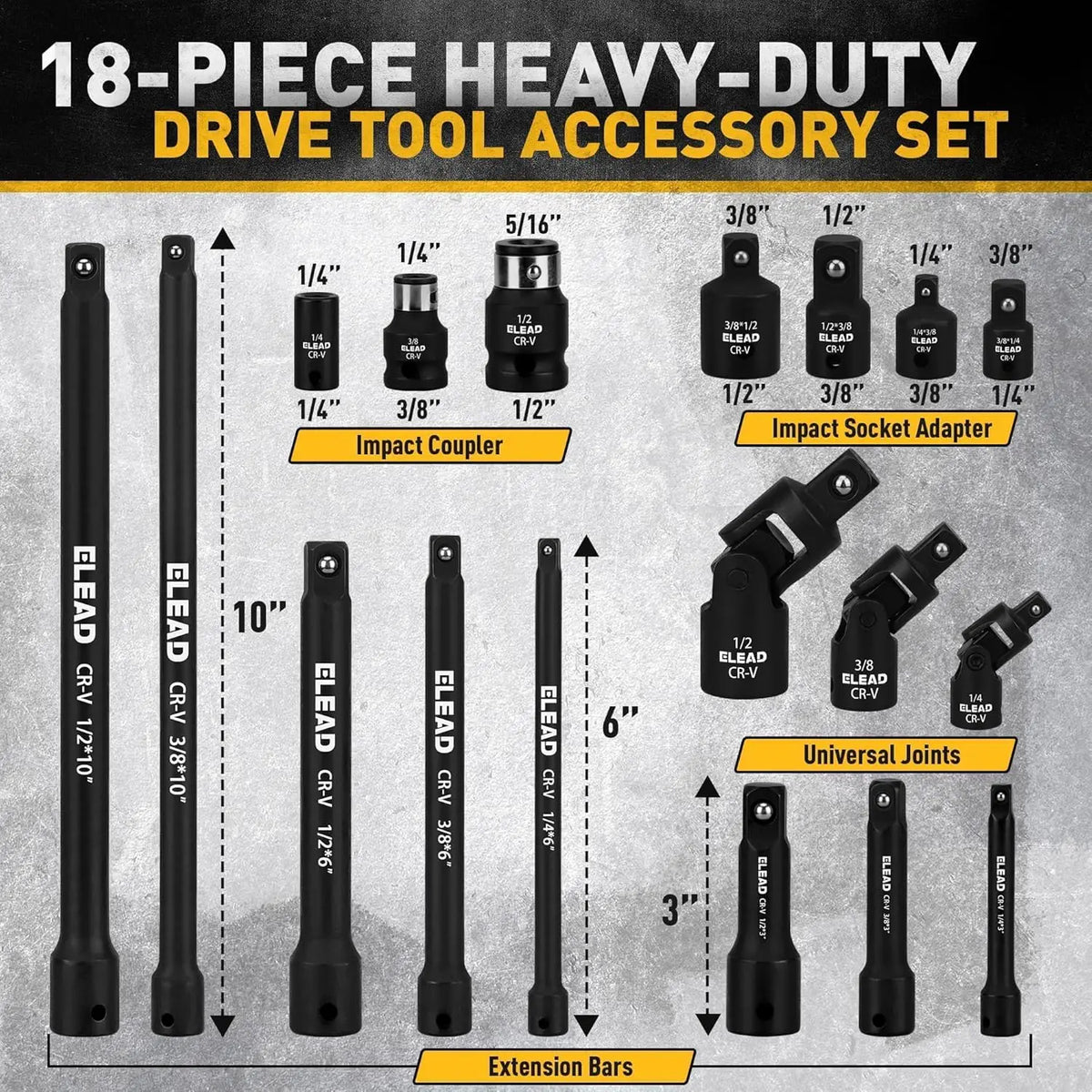 18PC Impact Socket Extension Set Swivel Universal Joints 1/4 3/8 1/2 Drive Socket Extension Bar Adapter Set for Automotive image 2