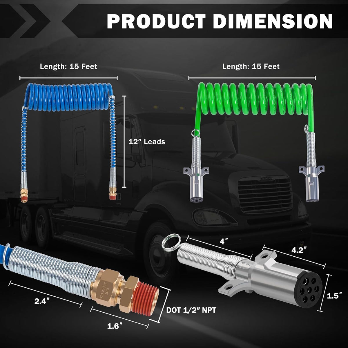 15 Ft Coiled Air Brake Hoses & ABS Electrical Power Wire Assembly Kit 3 in 1 Semi Truck Air Lines Kit Coiled 7 Way Trailer Cord and Air Brake Hoses for Semi Trucks Trailers Tractors image 7