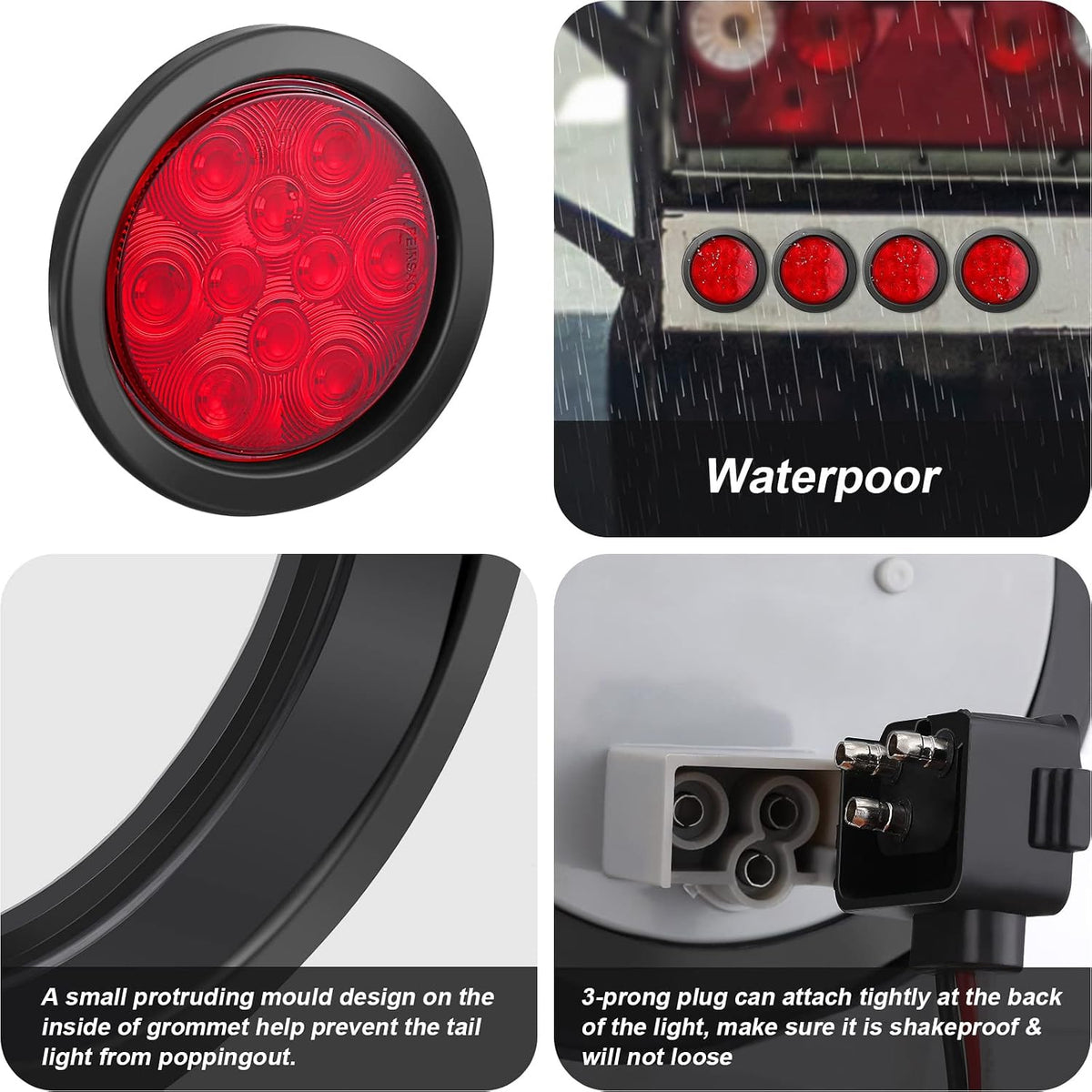 4 Inch round LED Trailer Tail Lights, 10 LED Trailer Marker Lights Waterproof 12V Turn Brake Stop Light Sealed Flush Mount for Truck RV Boat(Red,12) image 4