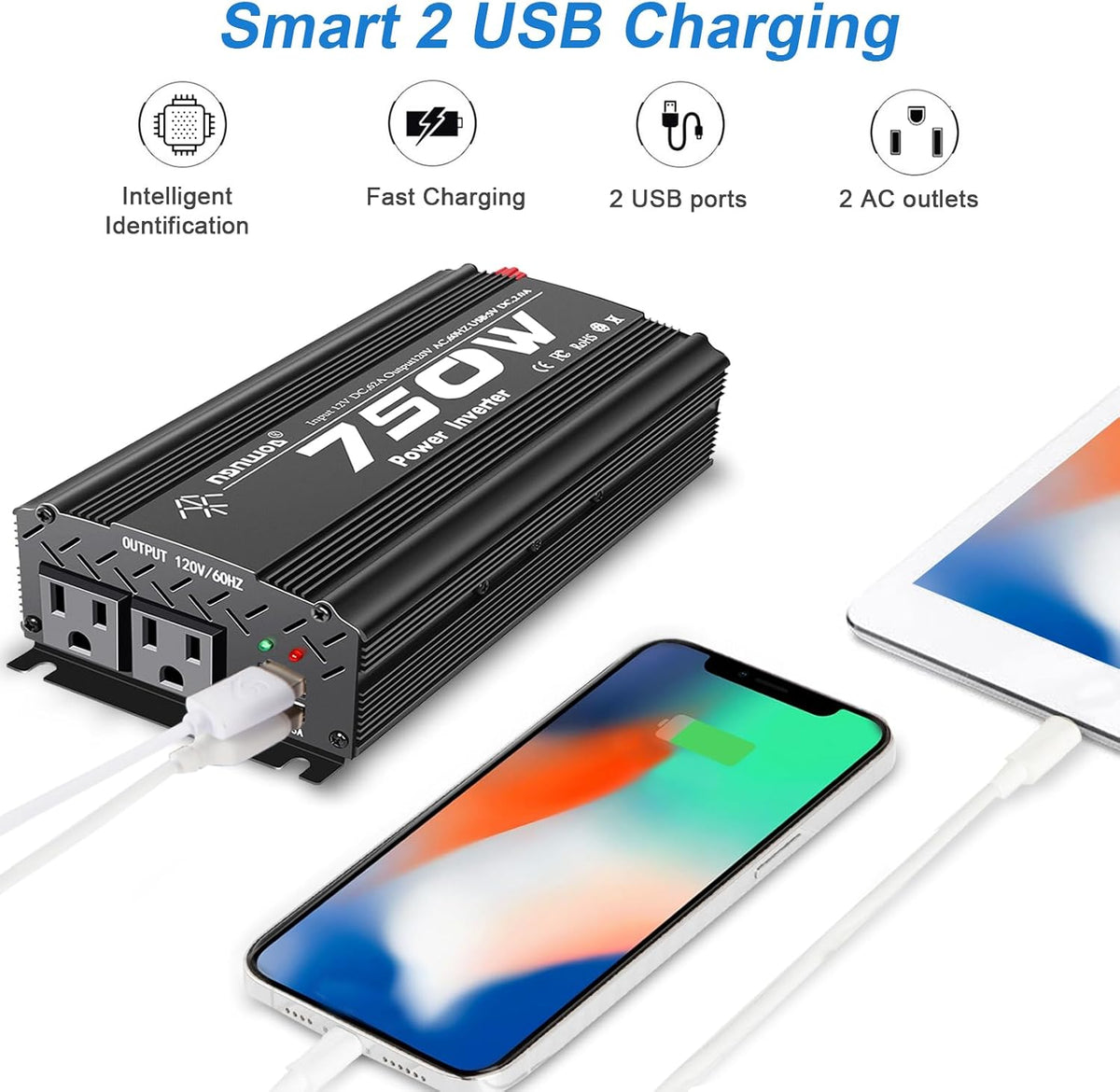 12V Inverter 750W Inverter 12V to 110V or Cars Trucks Semi Trucks Various Vehicles with 2 AC Power Outlets 2USB Ports image 5