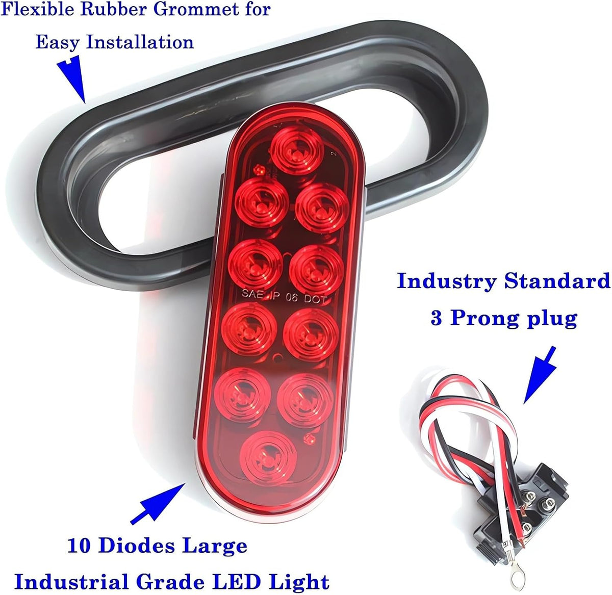 4Pcs Trailer Truck LED Sealed RED 6" Oval Stop/Turn/Tail Lights Flush Mount Waterproof Including 3-Pin Watertight Plug with Wires and Grommets Sealed image 2