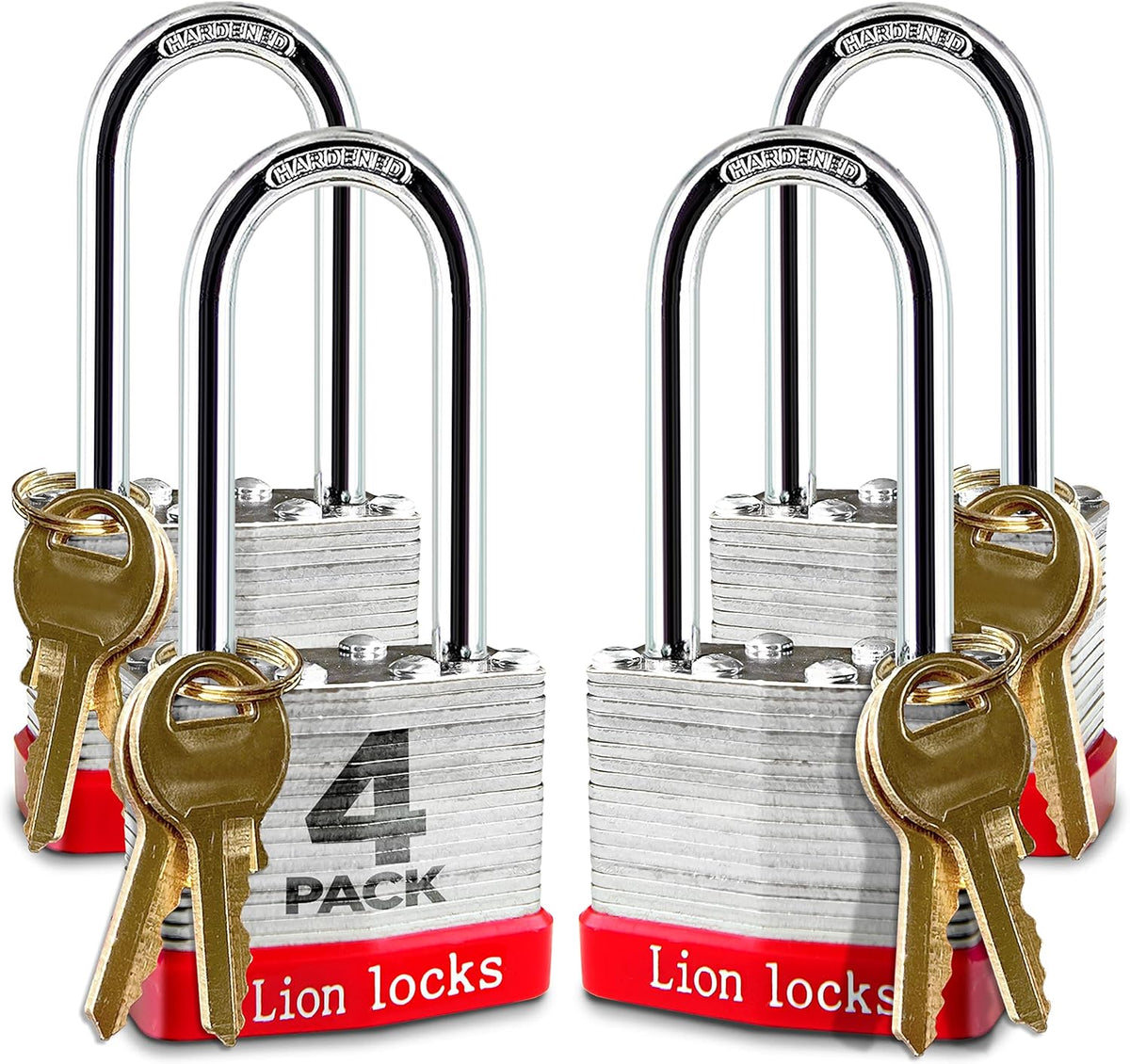 4 Keyed-Alike Padlocks W/ 2” Long Shackle, 8 Keys, Hardened Steel Pad Lock, Pick Resistant Brass Pin Cylinder (Pack of 4) image 1
