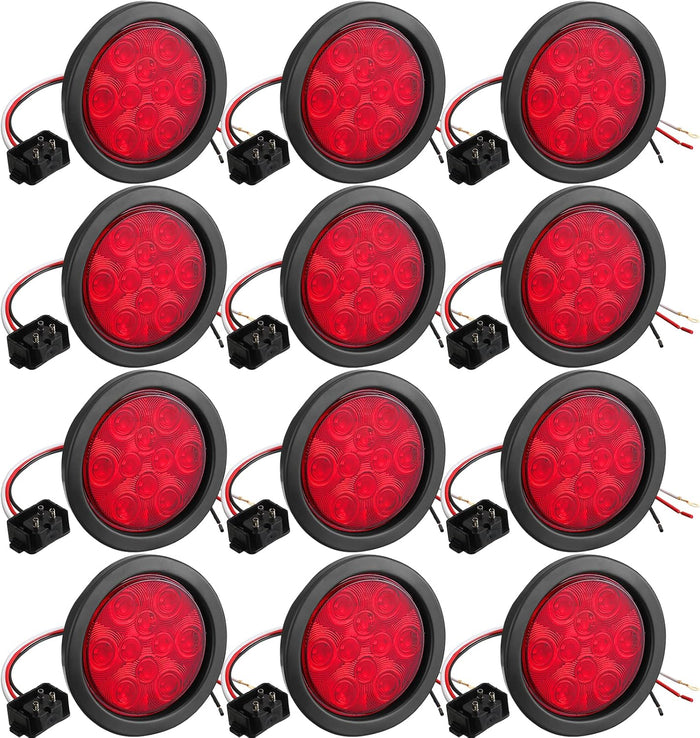 4 Inch round LED Trailer Tail Lights, 10 LED Trailer Marker Lights Waterproof 12V Turn Brake Stop Light Sealed Flush Mount for Truck RV Boat(Red,12)