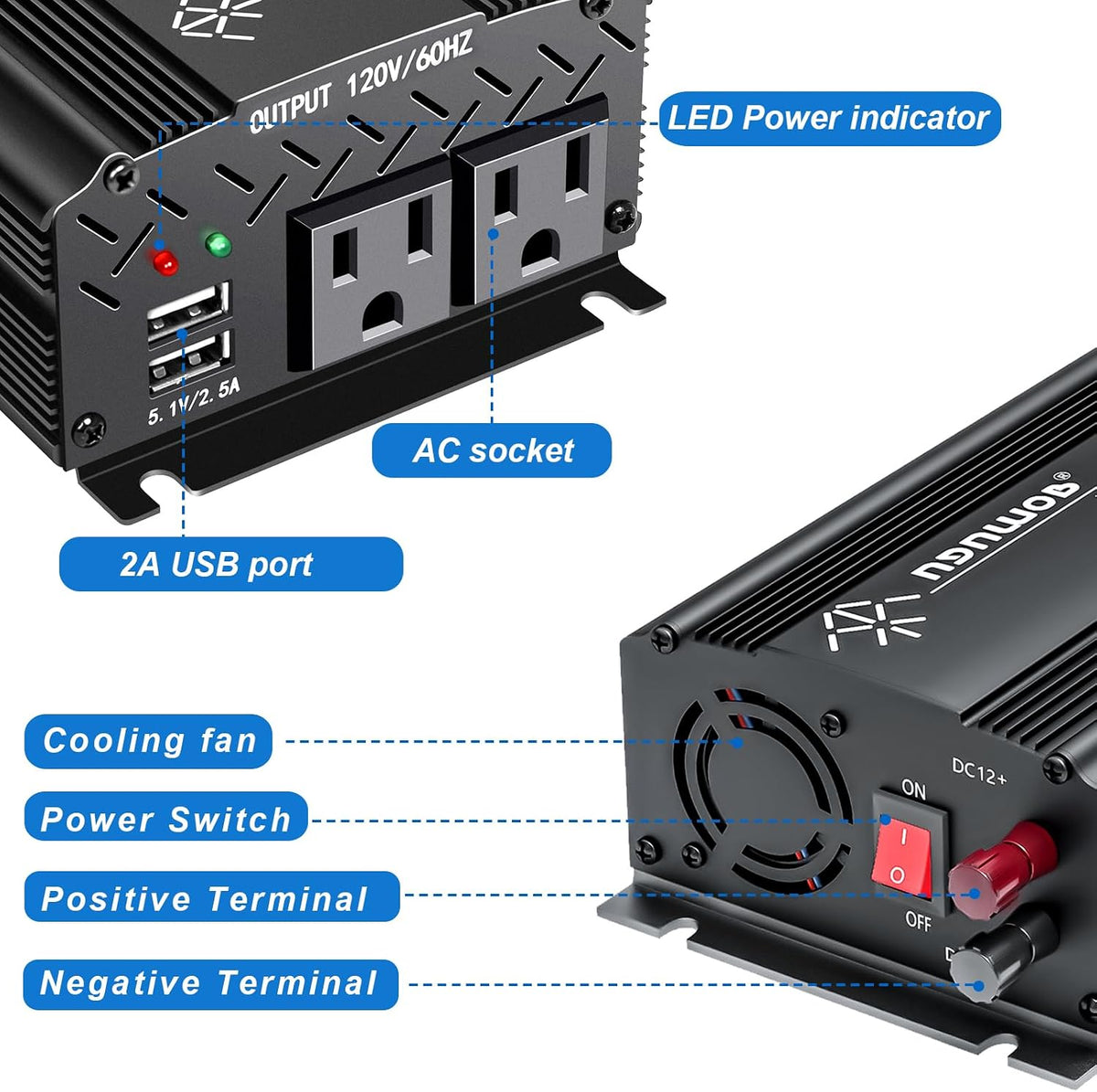 12V Inverter 750W Inverter 12V to 110V or Cars Trucks Semi Trucks Various Vehicles with 2 AC Power Outlets 2USB Ports image 2