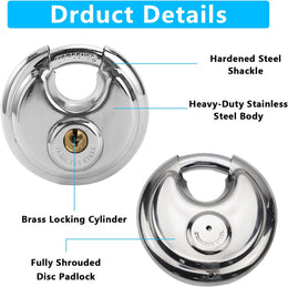 Disc Lock for Storage Unit, 2-3/4" Keyed Padlocks,Stainless Steel Discus Lock Heavy Duty, Waterproof Rustproof round Locks with Keys for Storage Unit Outdoor Shedstorage Locker Locks with Keys thumbnail 3